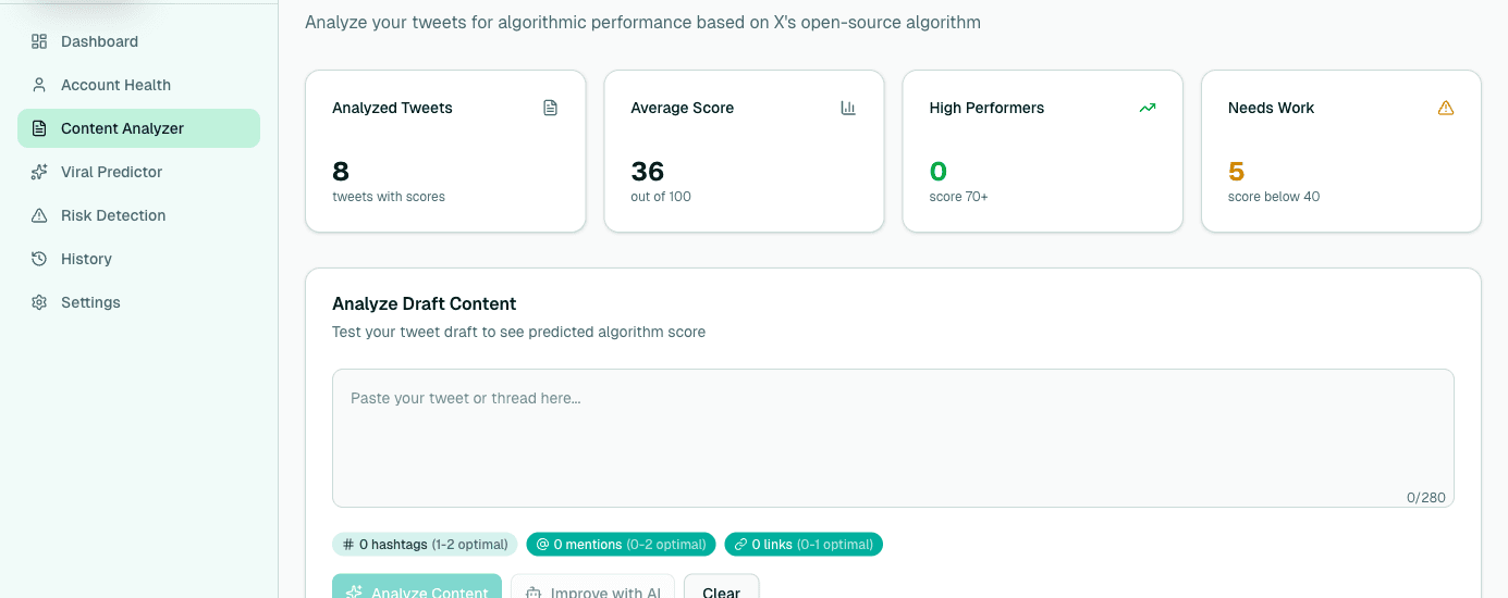XPeek Content Analyzer showing tweet scoring with detailed breakdown